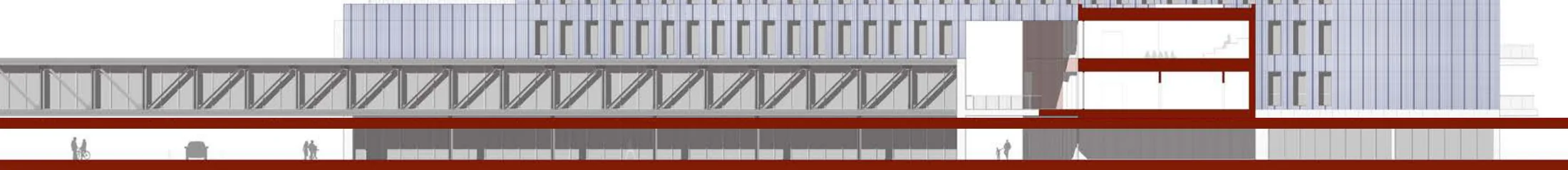 Elevation: the truss bridges and coloured façades