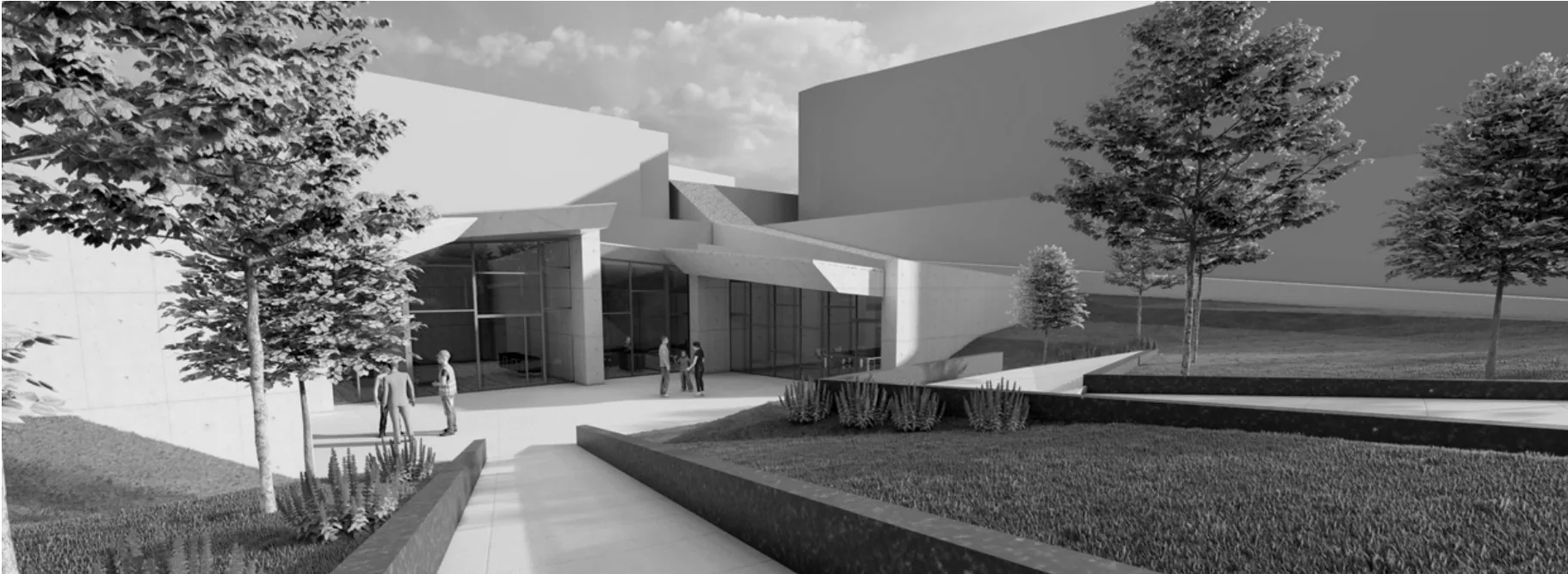Concrete walls wrap the entrance courtyard