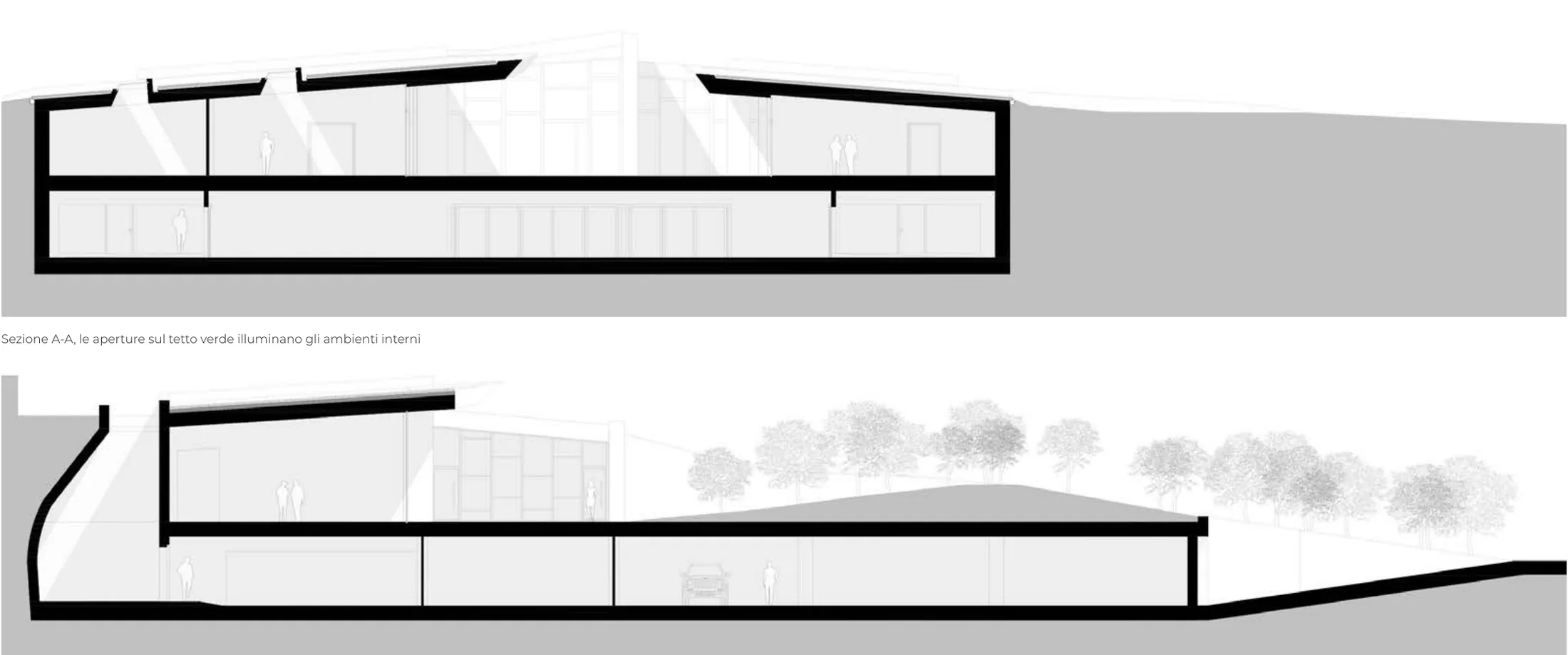 Sections: the openings in the green roof and the cannon lumière