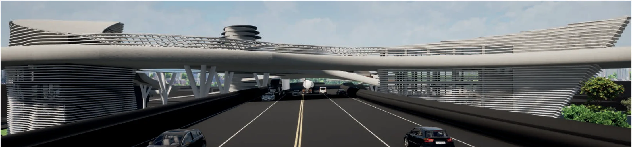 The walkway winds over the motorway