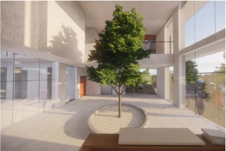 The entrance hall with the central tree