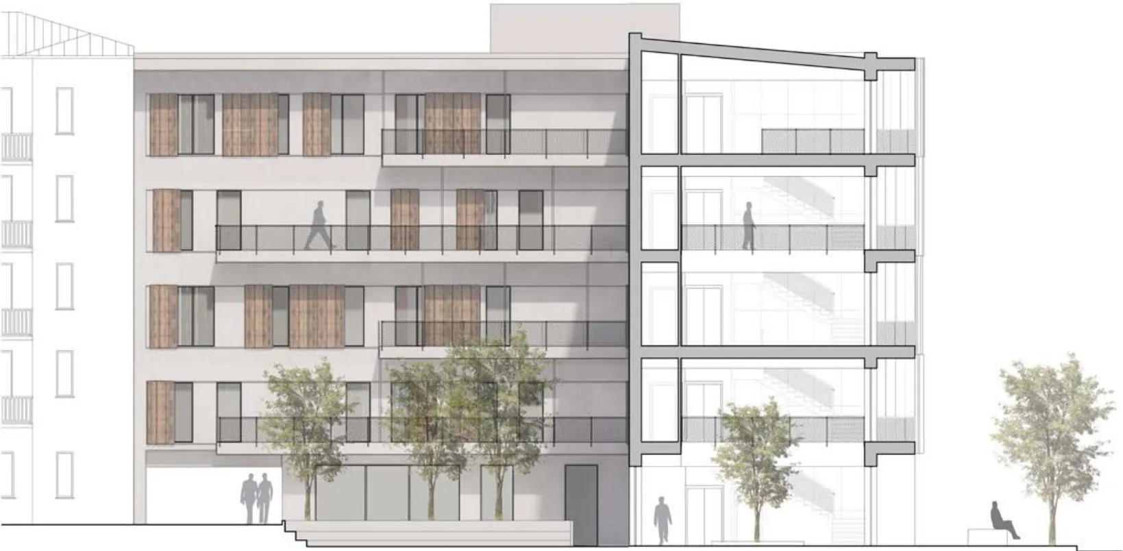 Section A-A: the double-height entrance repeats on the second floor